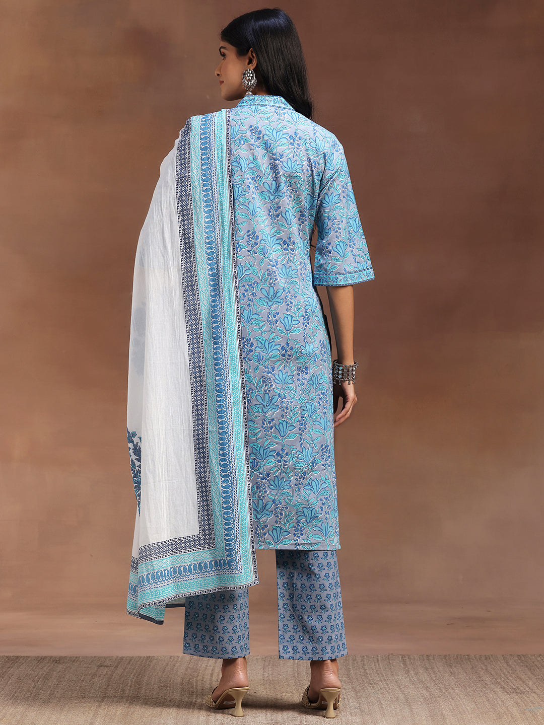 Blue Printed Cotton Straight Suit With Dupatta