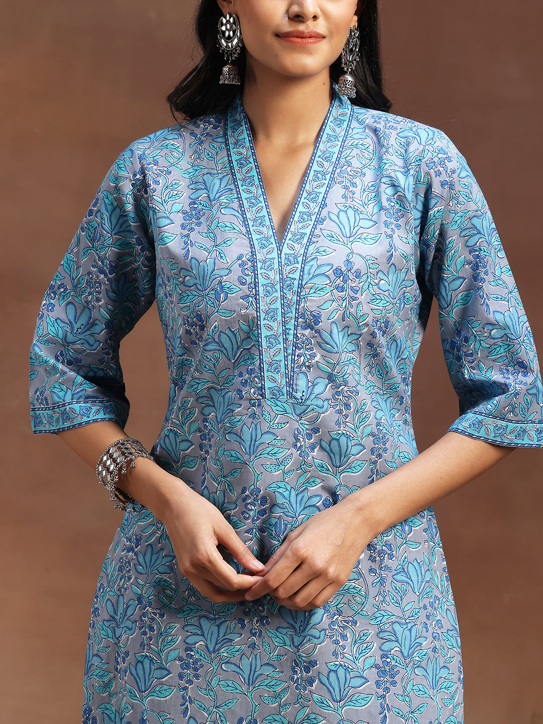 Blue Printed Cotton Straight Suit With Dupatta