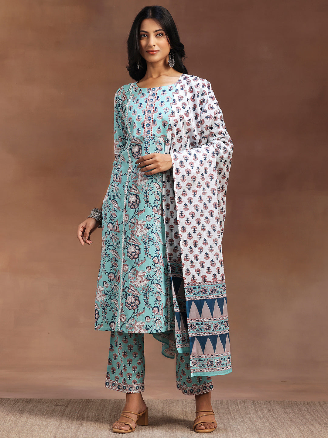 Blue Printed Cotton Straight Suit With Dupatta