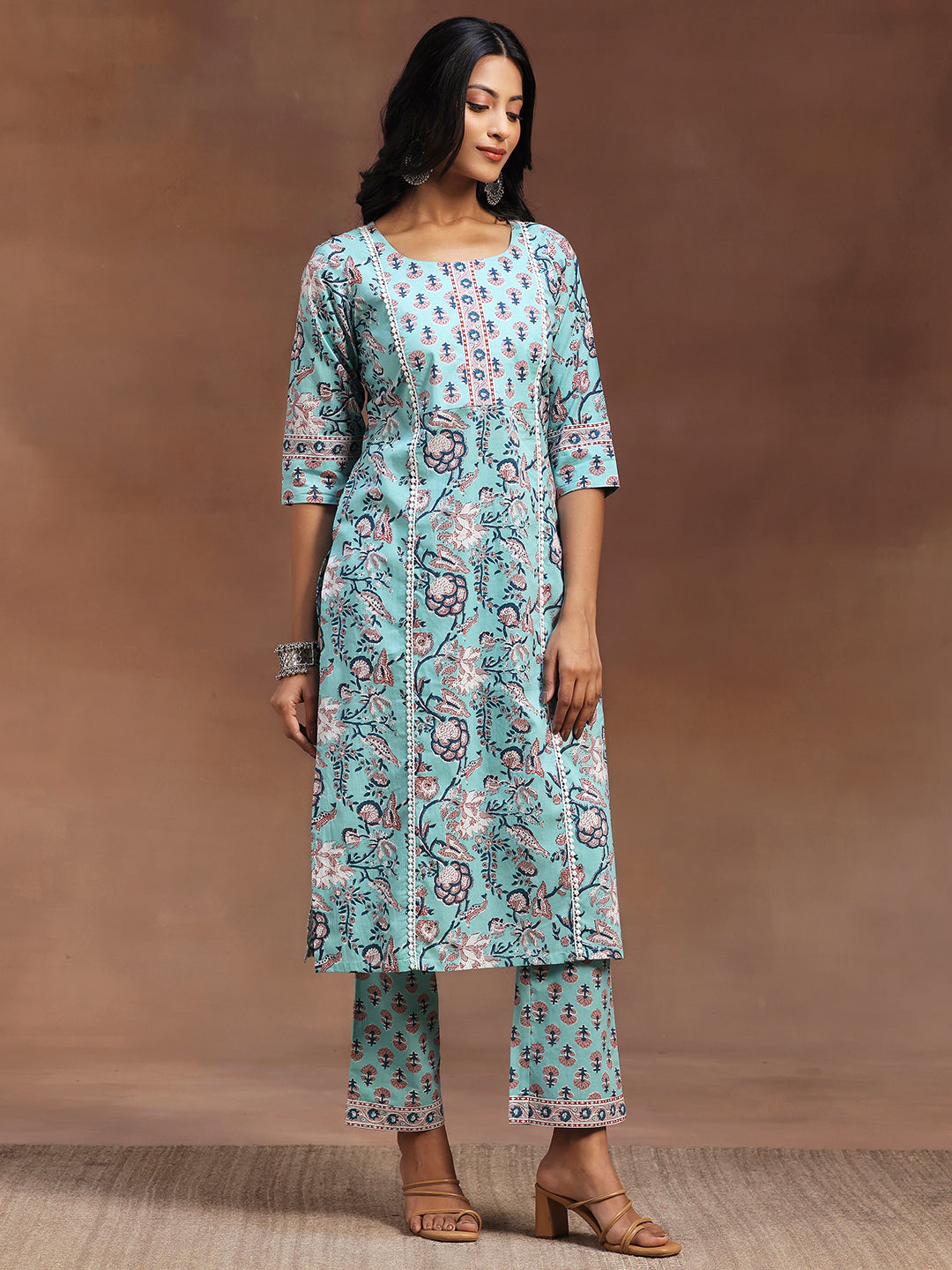 Blue Printed Cotton Straight Suit With Dupatta