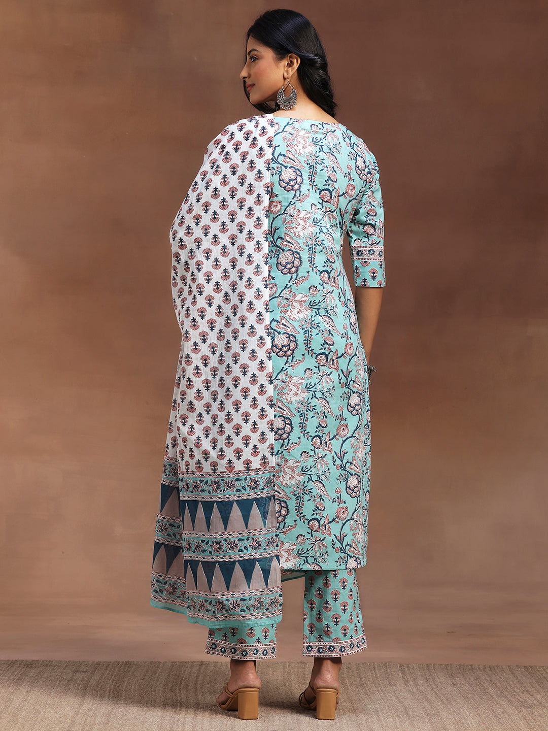 Blue Printed Cotton Straight Suit With Dupatta