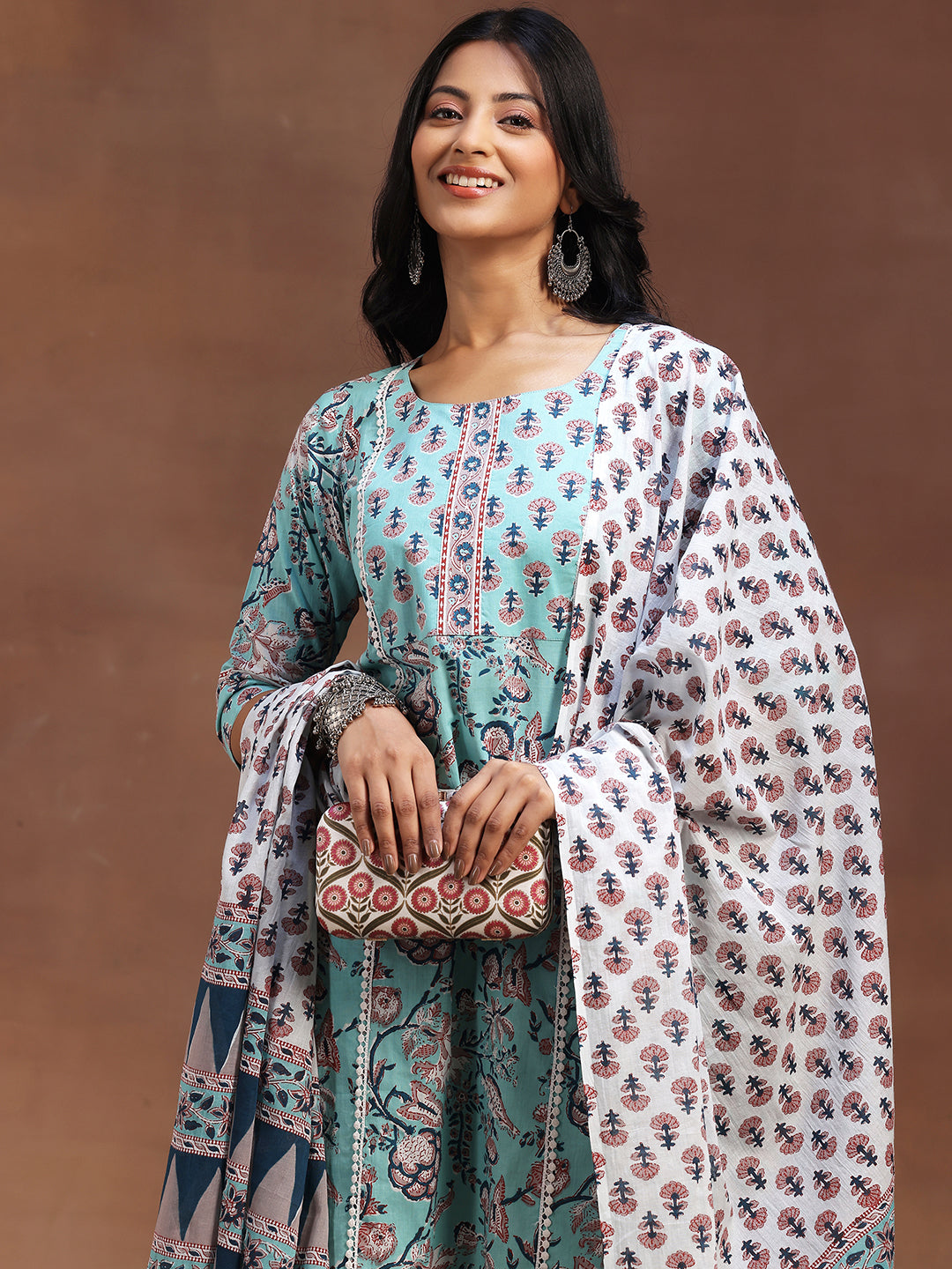 Blue Printed Cotton Straight Suit With Dupatta