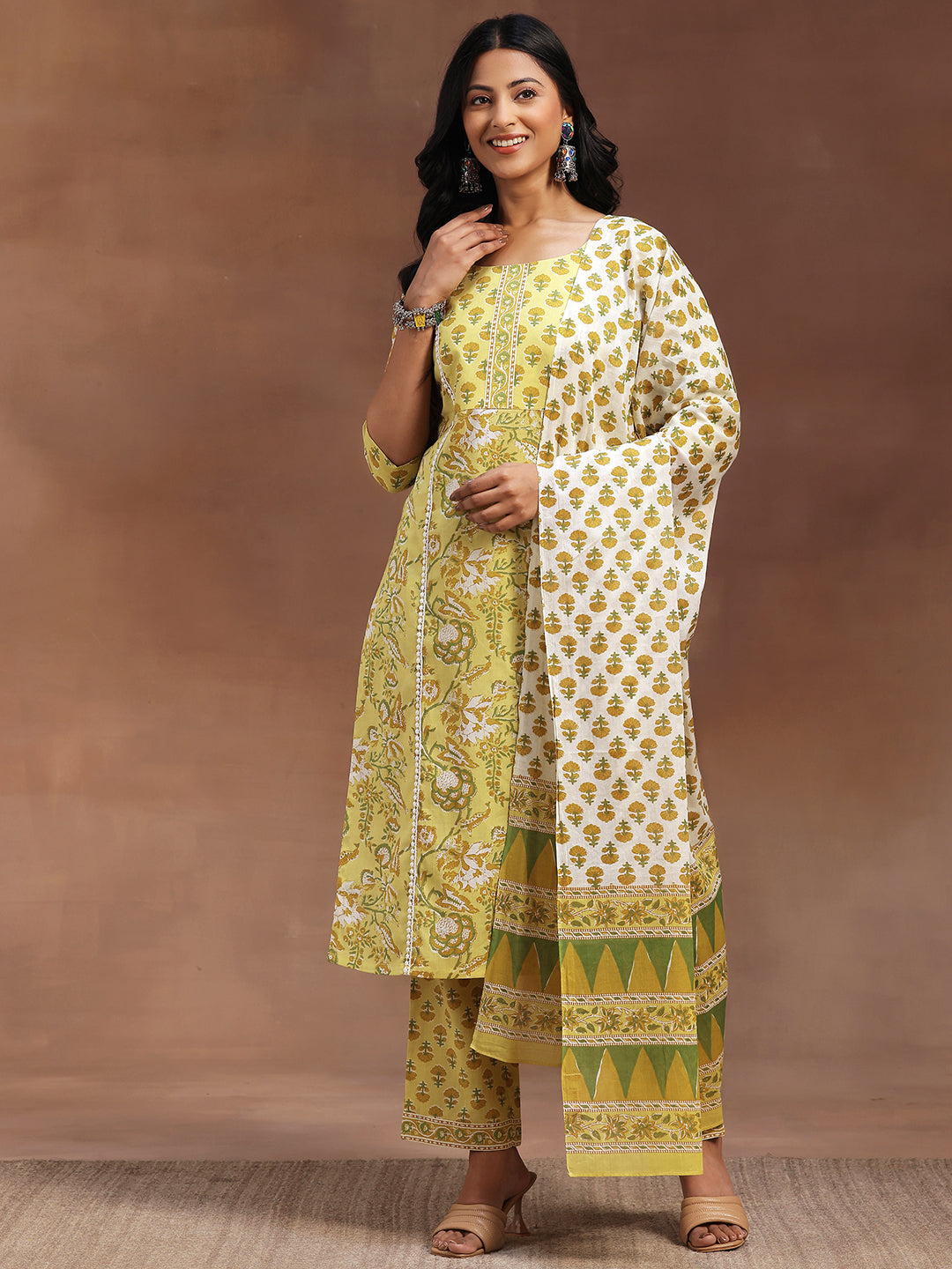 Yellow Printed Cotton Straight Suit With Dupatta