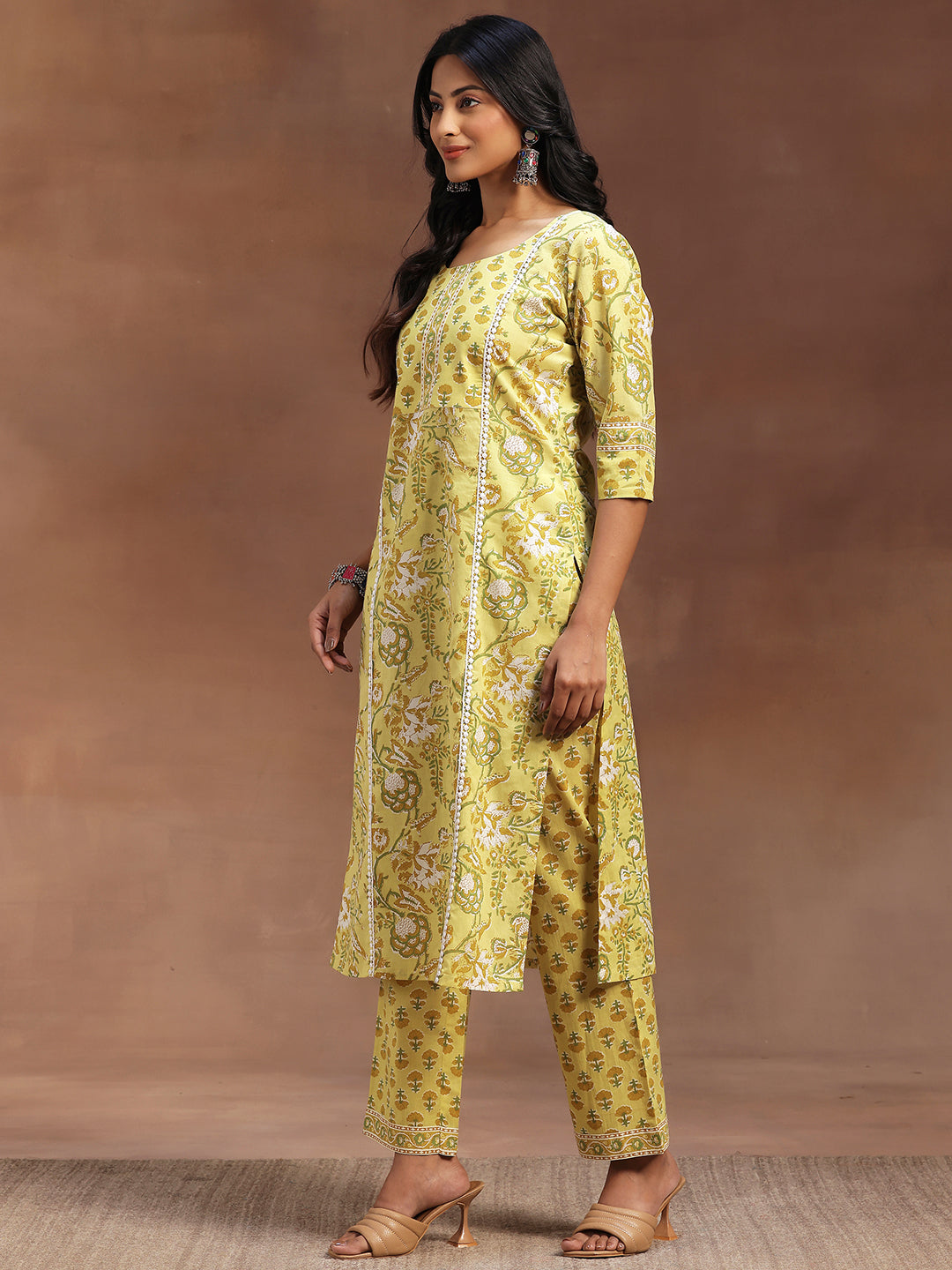 Yellow Printed Cotton Straight Suit With Dupatta