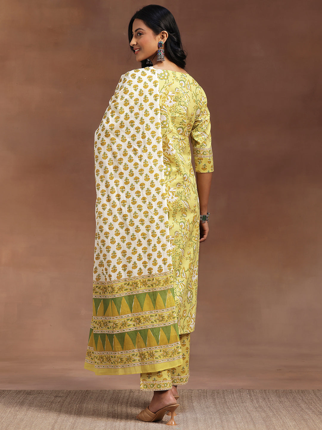 Yellow Printed Cotton Straight Suit With Dupatta