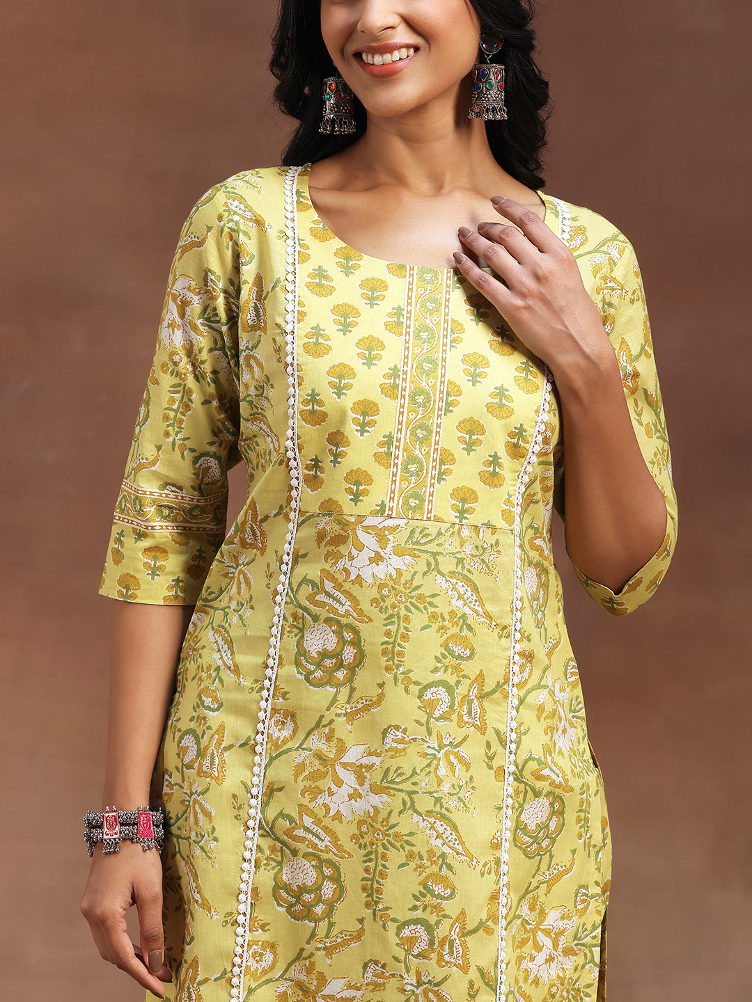 Yellow Printed Cotton Straight Suit With Dupatta