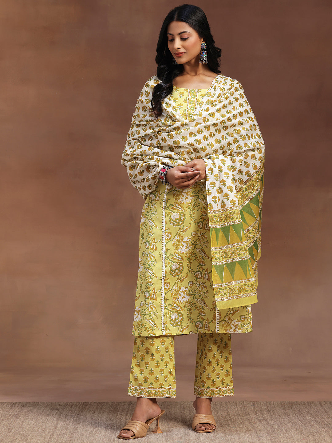 Yellow Printed Cotton Straight Suit With Dupatta