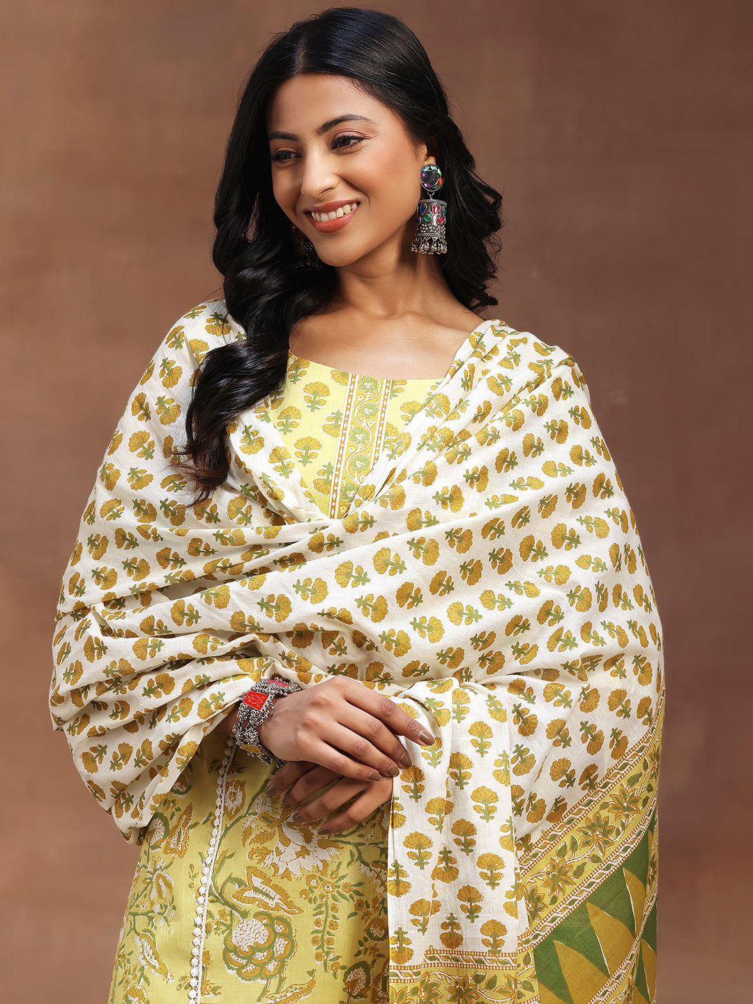 Yellow Printed Cotton Straight Suit With Dupatta