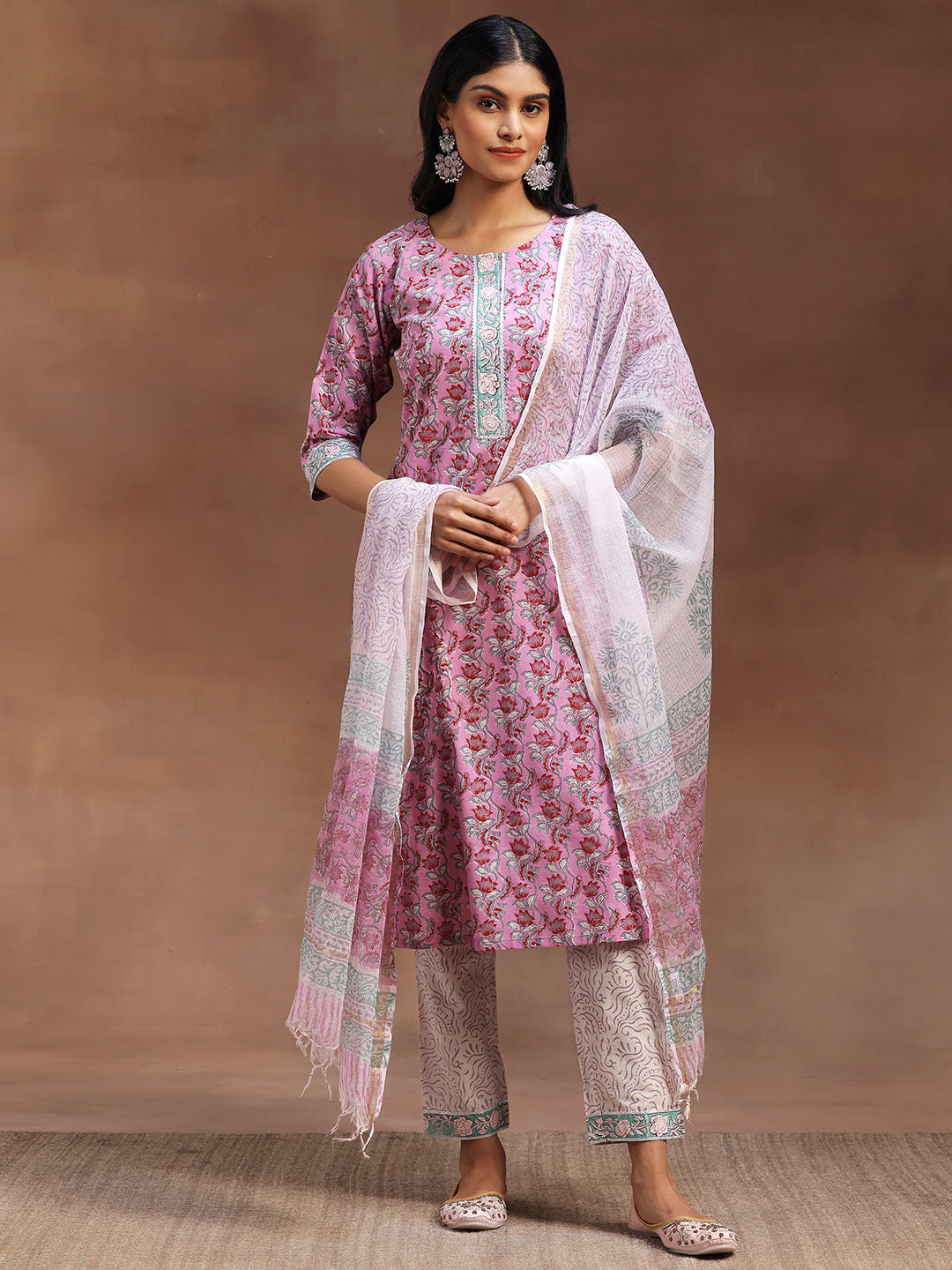 Pink Printed Cotton Straight Suit With Dupatta