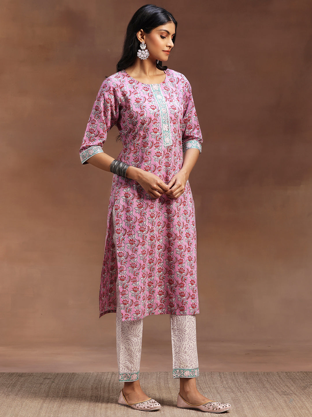 Pink Printed Cotton Straight Suit With Dupatta