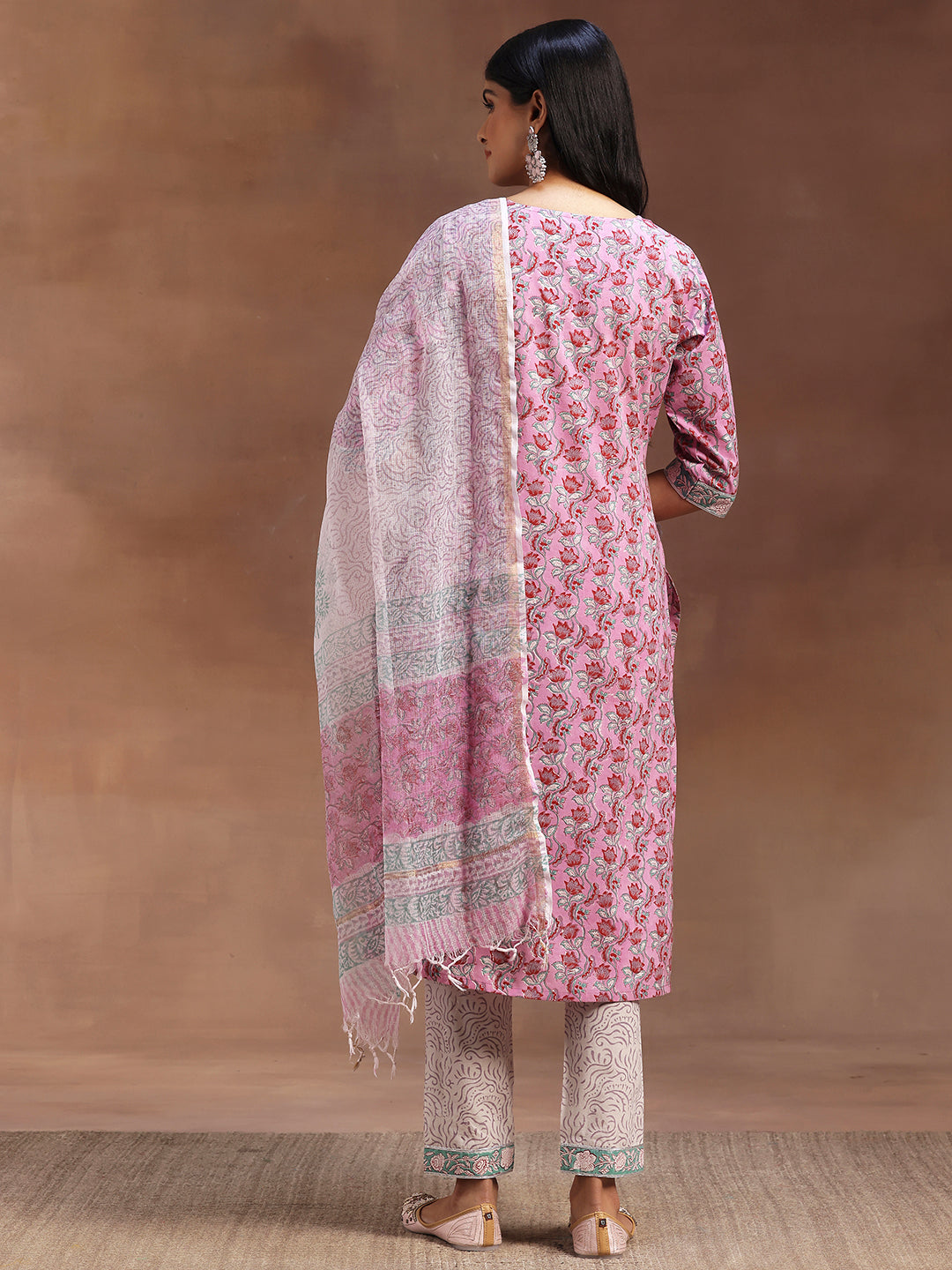 Pink Printed Cotton Straight Suit With Dupatta