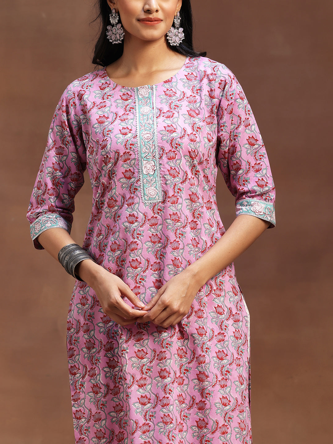 Pink Printed Cotton Straight Suit With Dupatta