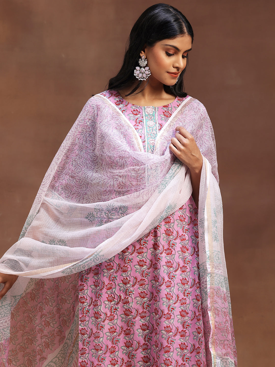 Pink Printed Cotton Straight Suit With Dupatta