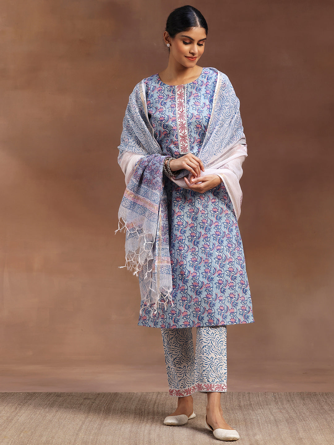 Blue Printed Cotton Straight Suit With Dupatta