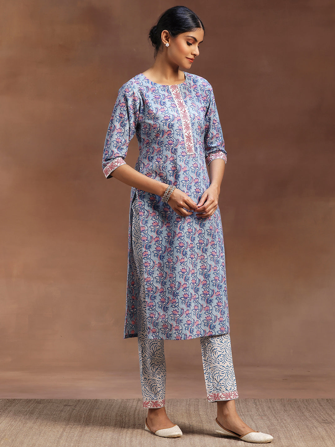 Blue Printed Cotton Straight Suit With Dupatta