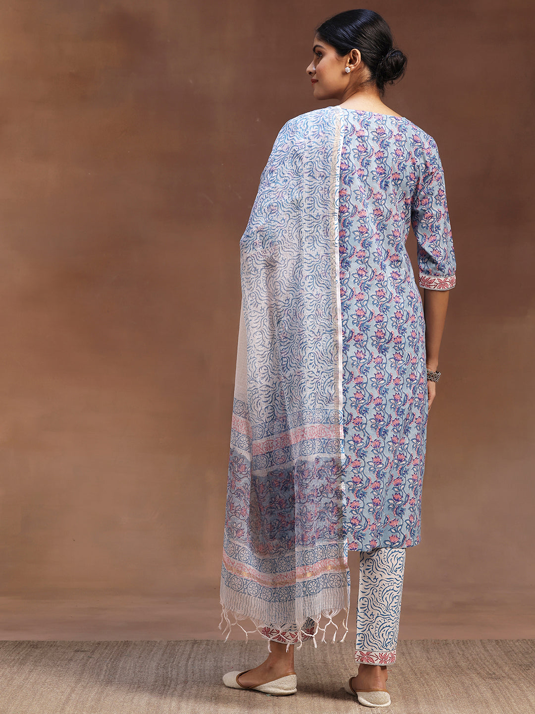 Blue Printed Cotton Straight Suit With Dupatta