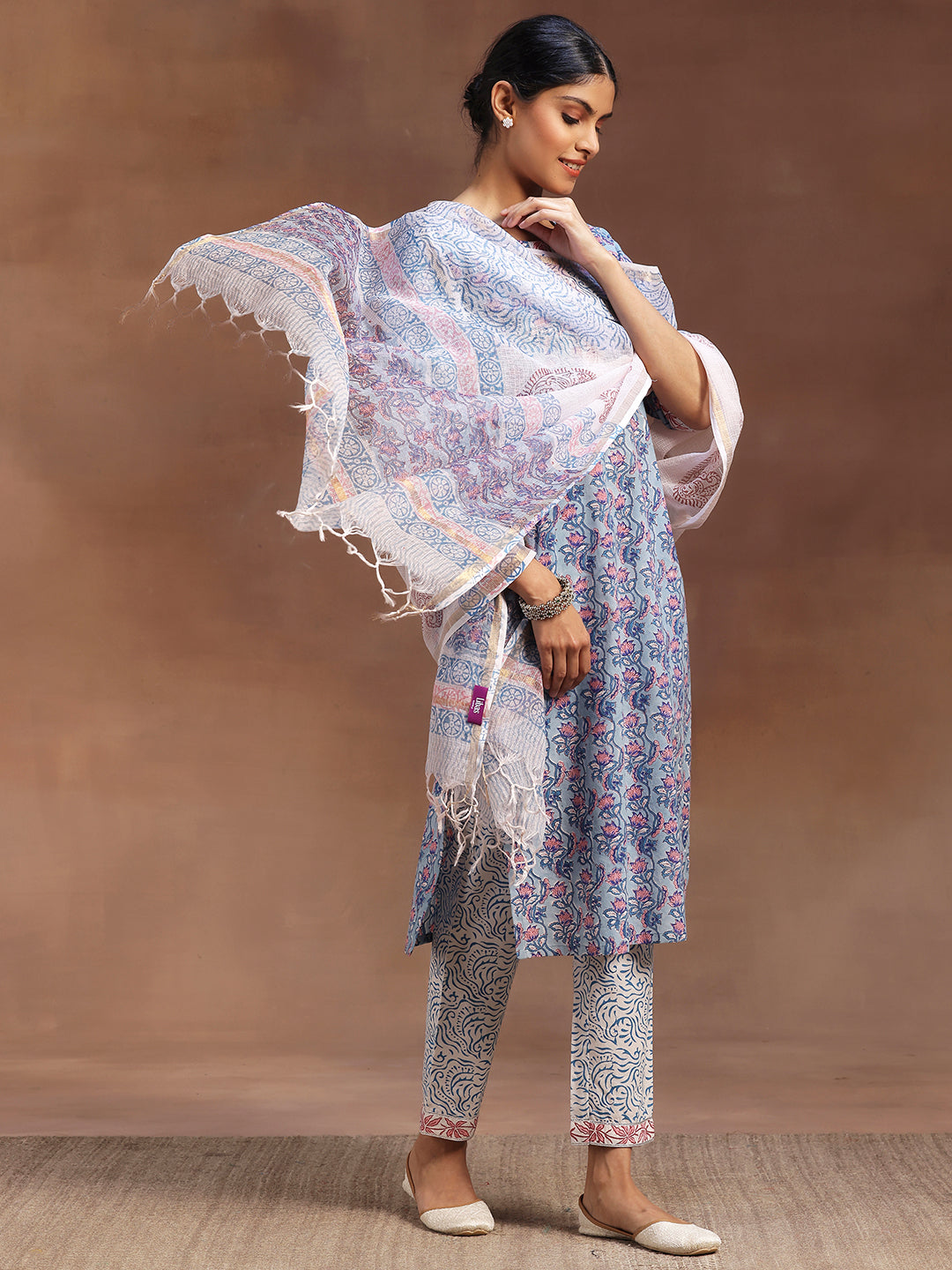 Blue Printed Cotton Straight Suit With Dupatta