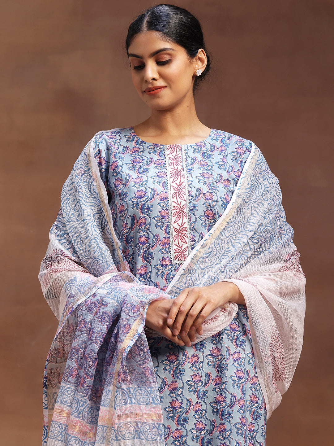 Blue Printed Cotton Straight Suit With Dupatta