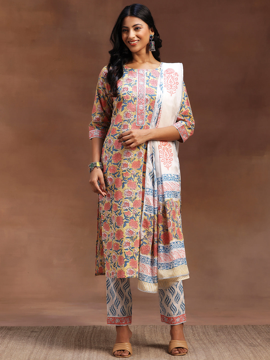 Yellow Printed Cotton Straight Suit With Dupatta