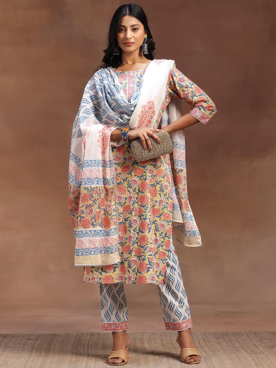 Yellow Printed Cotton Straight Suit With Dupatta