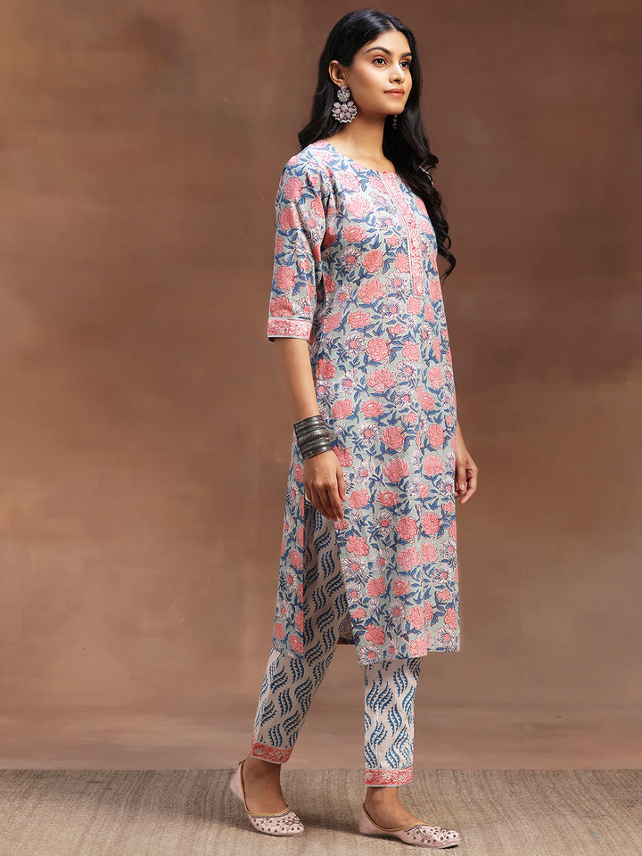 Blue Printed Cotton Straight Suit With Dupatta