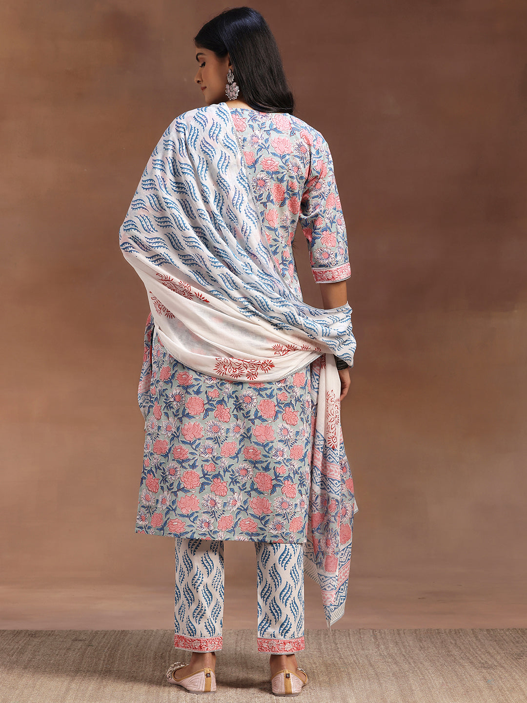 Blue Printed Cotton Straight Suit With Dupatta