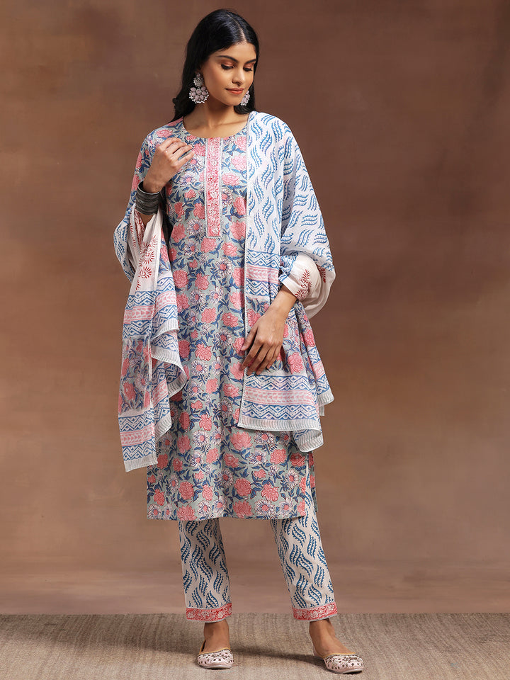 Blue Printed Cotton Straight Suit With Dupatta