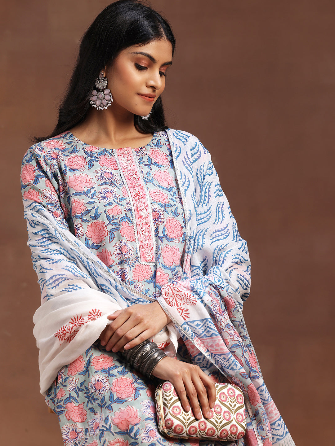 Blue Printed Cotton Straight Suit With Dupatta