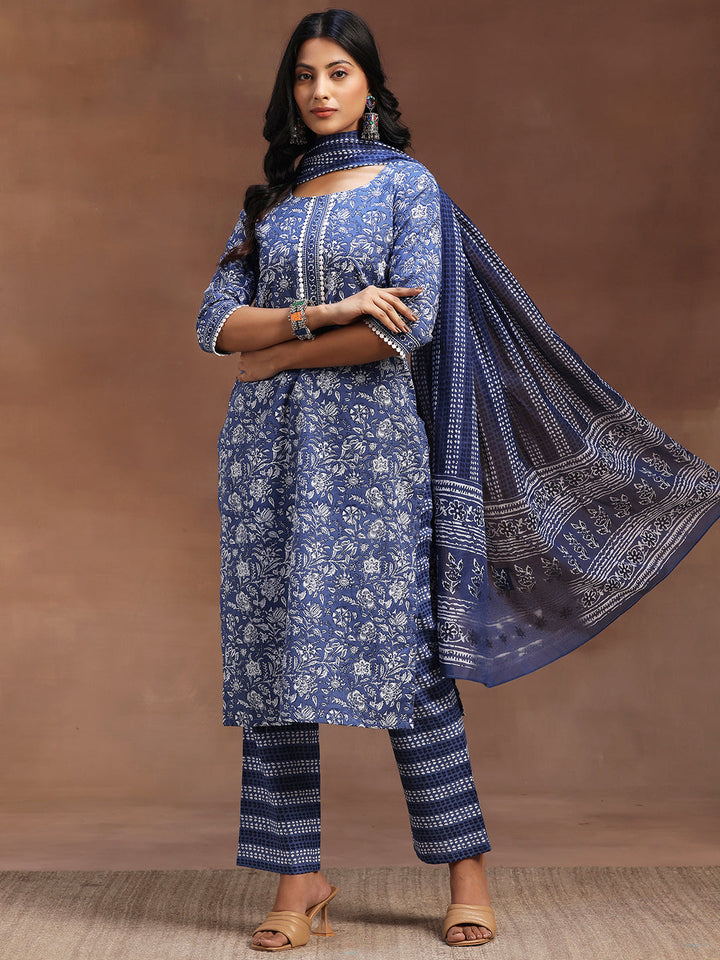 Blue Printed Cotton Straight Suit With Dupatta