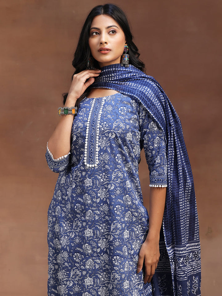 Blue Printed Cotton Straight Suit With Dupatta