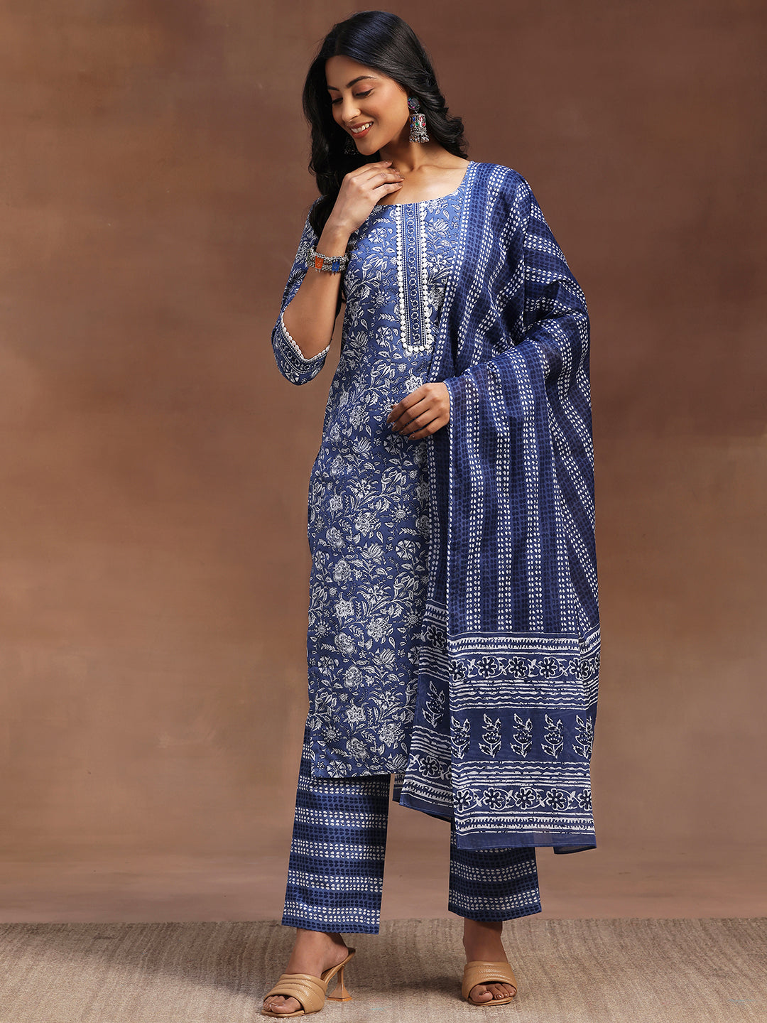 Blue Printed Cotton Straight Suit With Dupatta