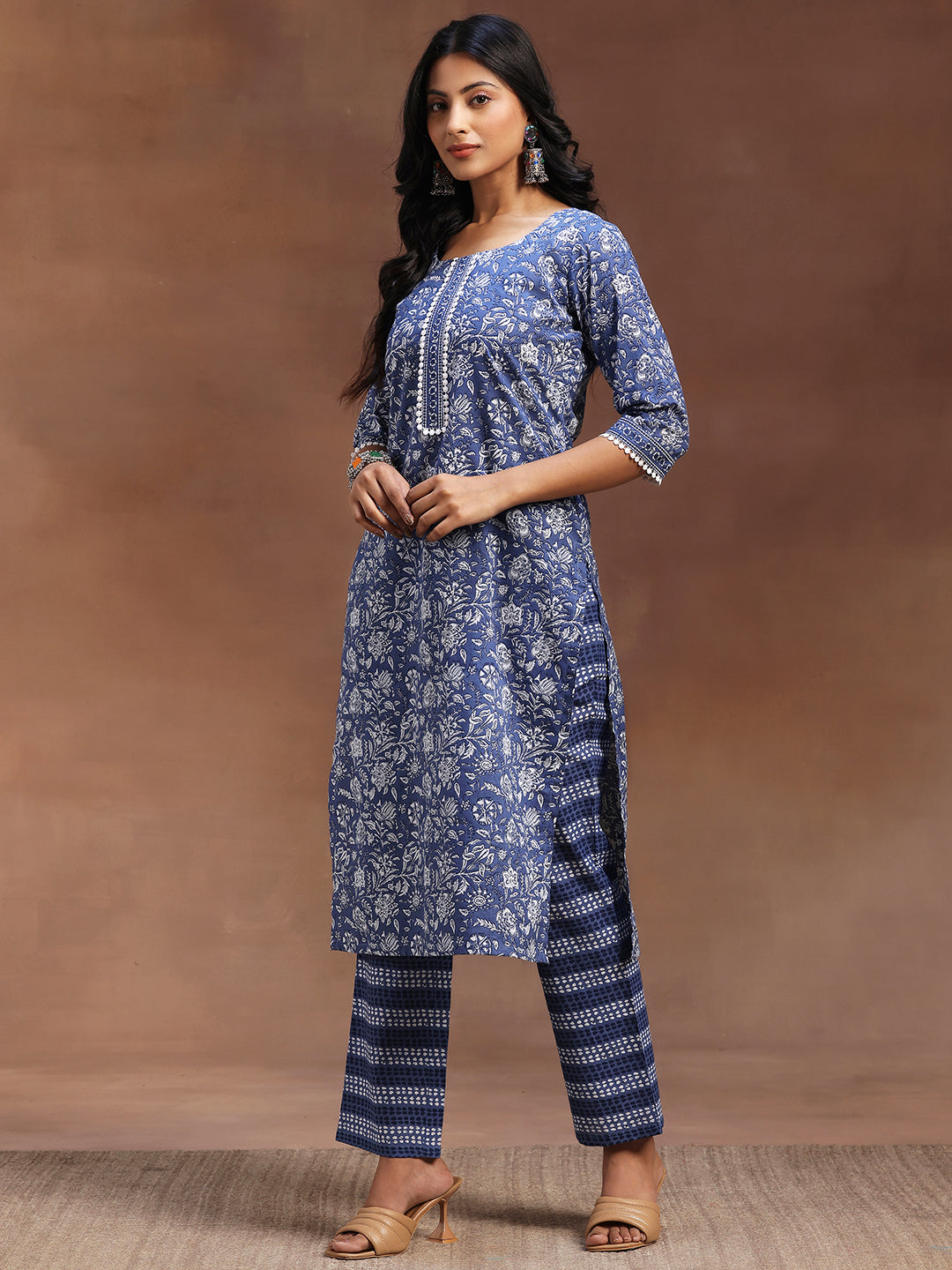 Blue Printed Cotton Straight Suit With Dupatta