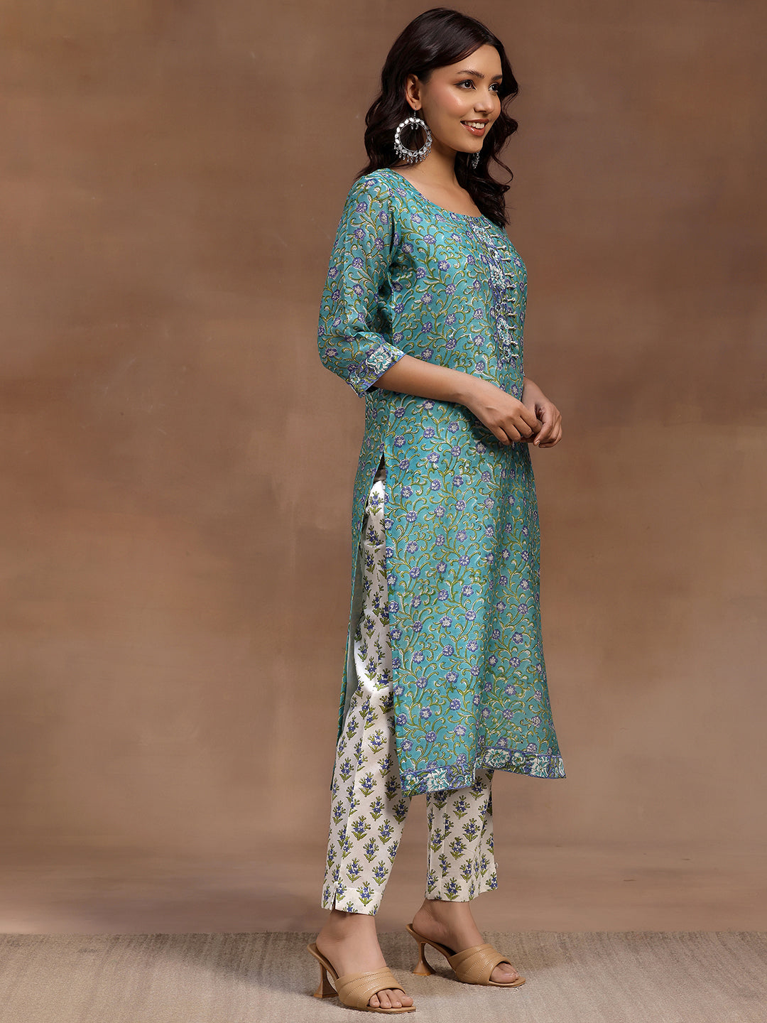 Rama Green Printed Cotton Straight Suit With Dupatta