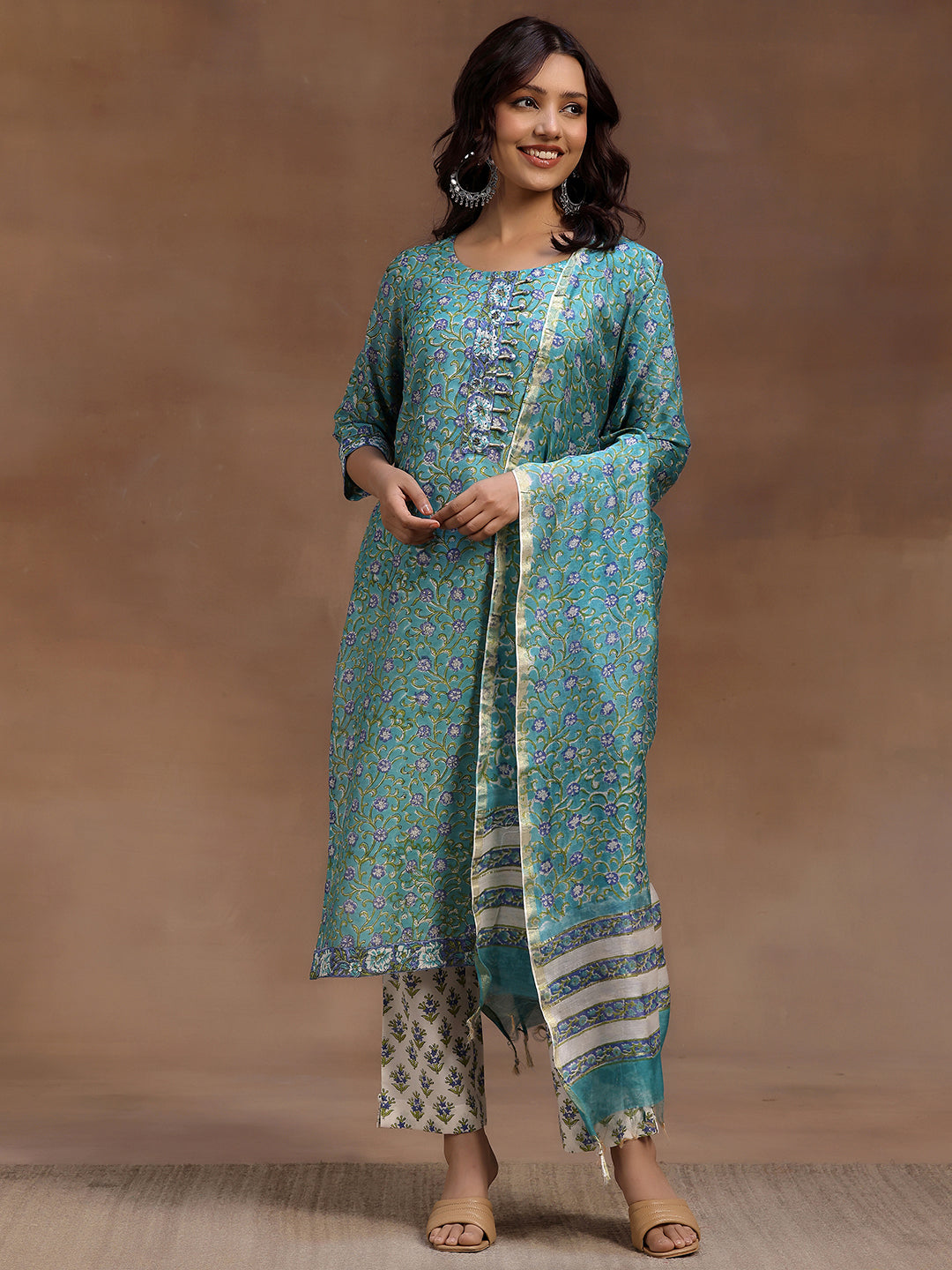 Rama Green Printed Cotton Straight Suit With Dupatta