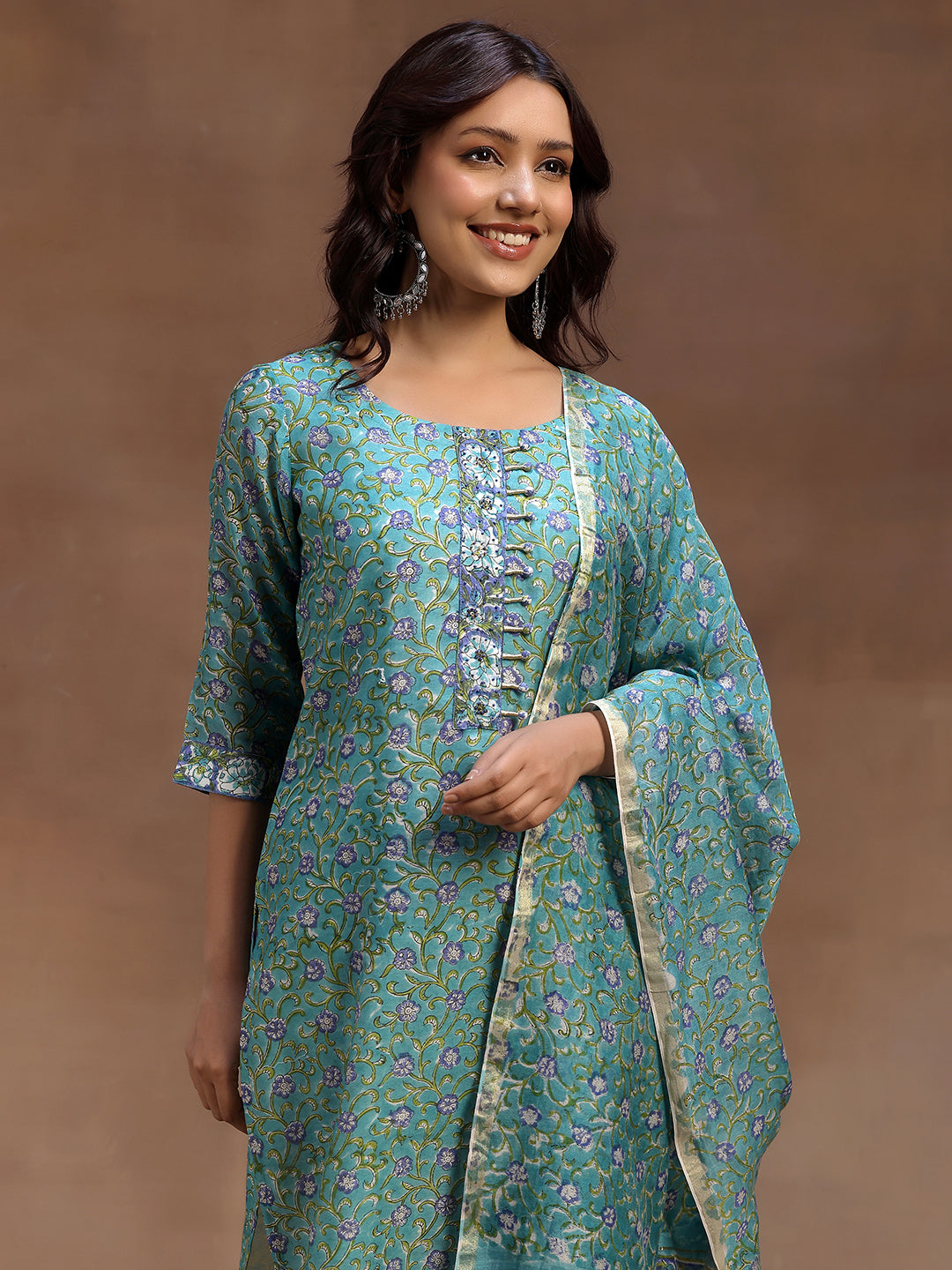 Rama Green Printed Cotton Straight Suit With Dupatta