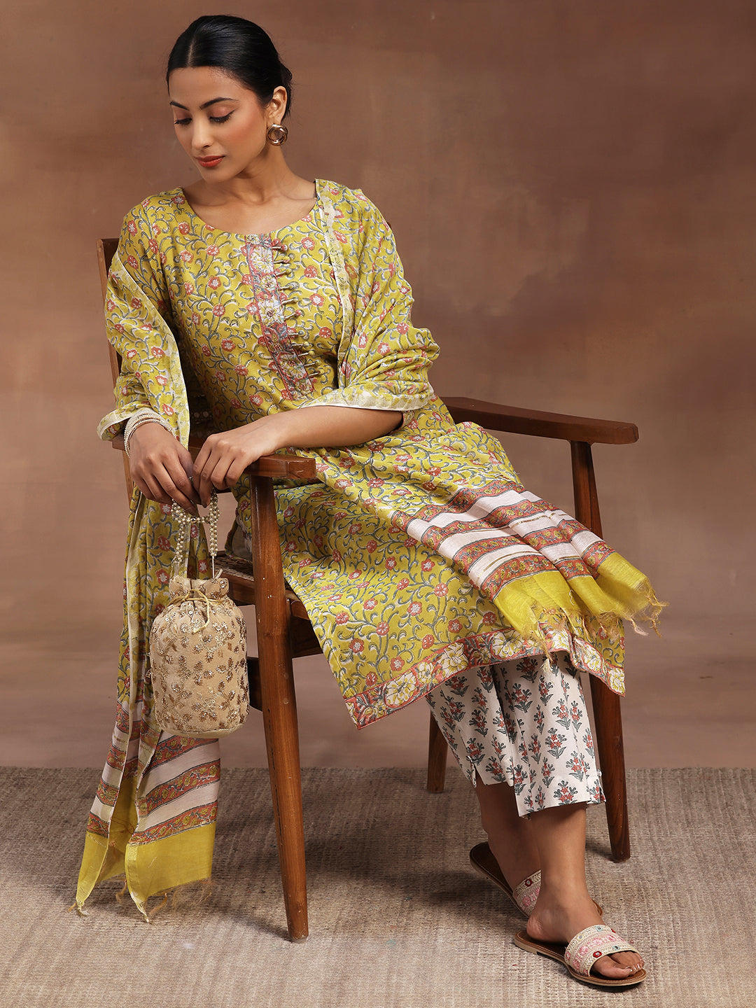 Yellow Printed Cotton Straight Suit With Dupatta