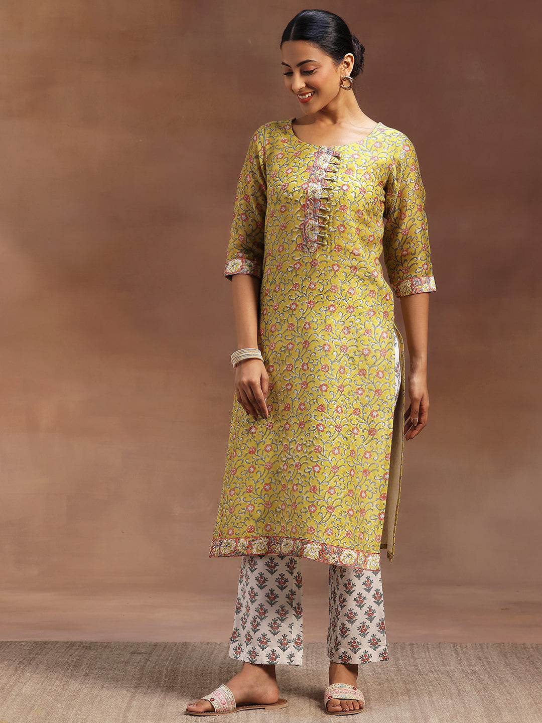 Yellow Printed Cotton Straight Suit With Dupatta