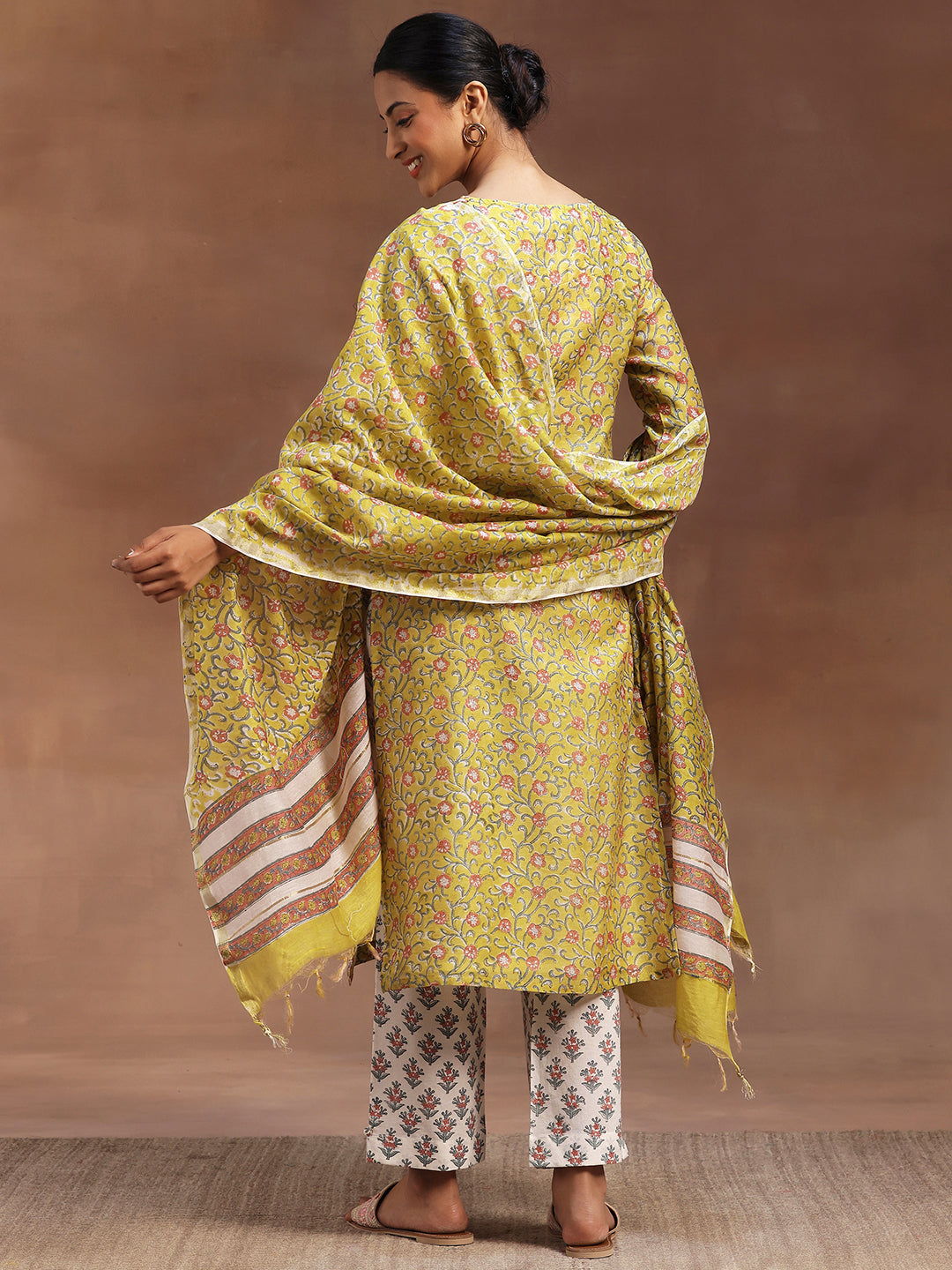 Yellow Printed Cotton Straight Suit With Dupatta