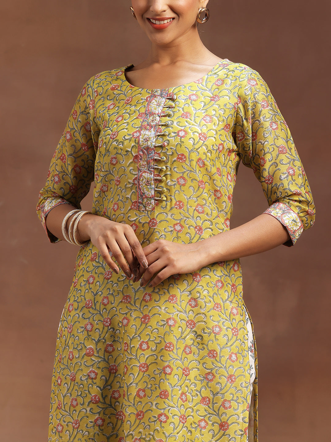 Yellow Printed Cotton Straight Suit With Dupatta