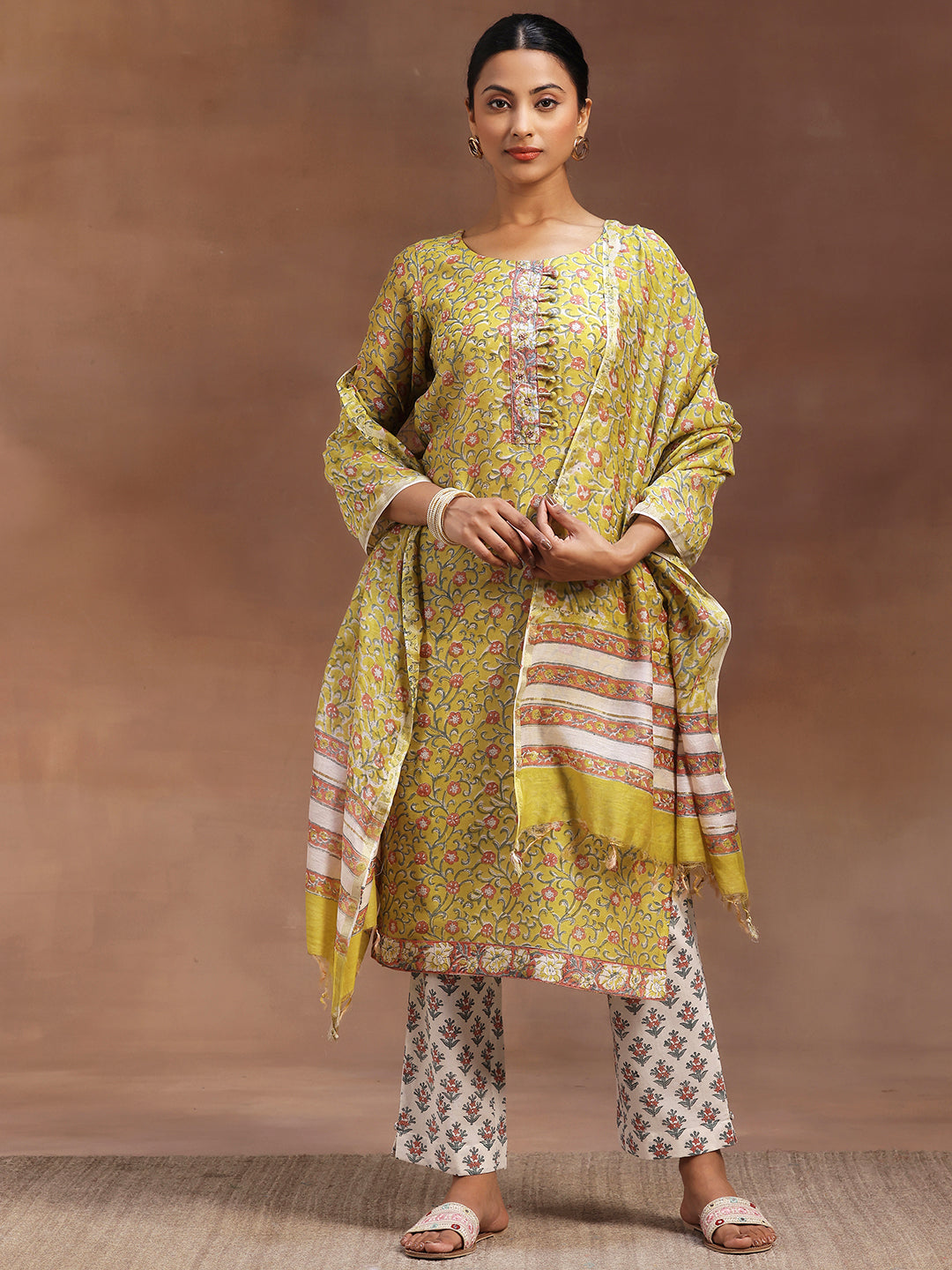 Yellow Printed Cotton Straight Suit With Dupatta