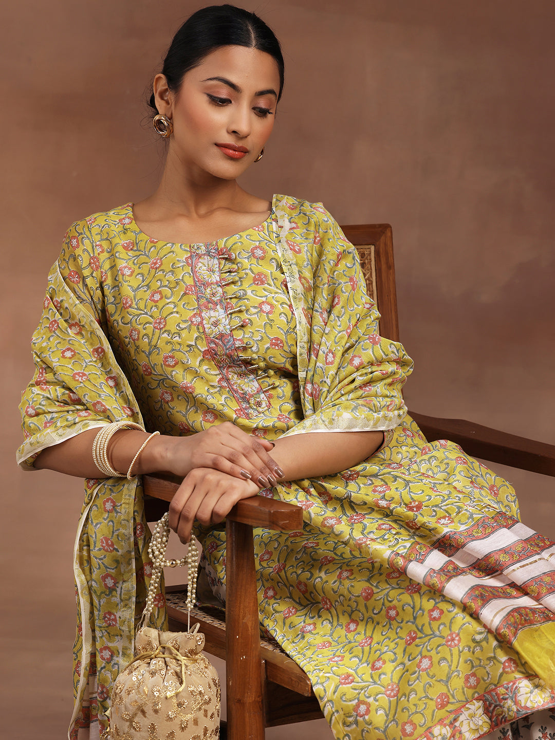 Yellow Printed Cotton Straight Suit With Dupatta