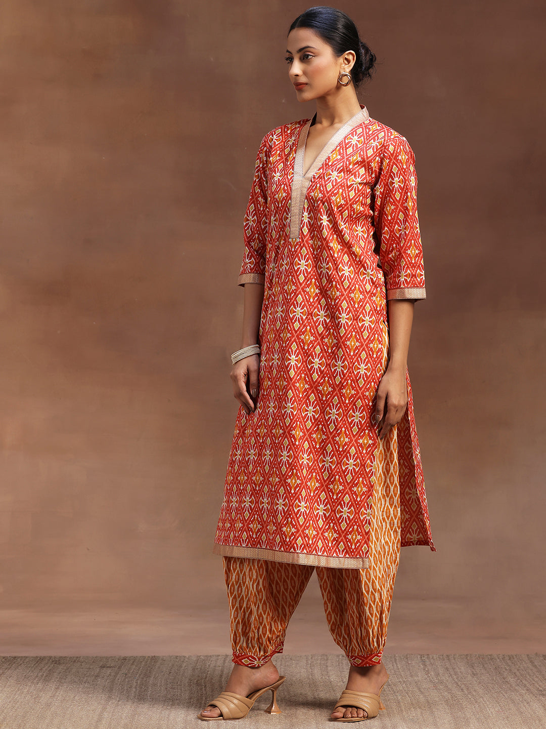 Red Printed Cotton Straight Suit With Dupatta