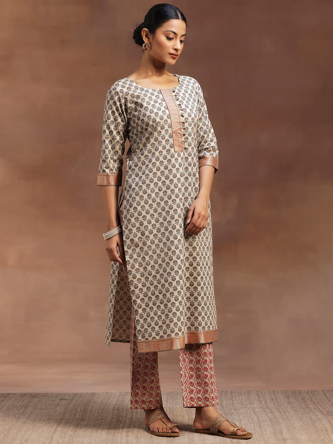 Beige Printed Cotton Straight Suit With Dupatta