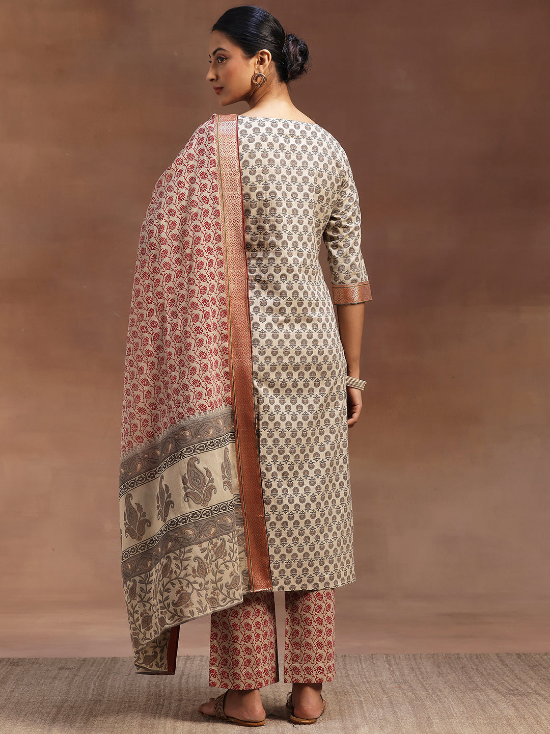 Beige Printed Cotton Straight Suit With Dupatta