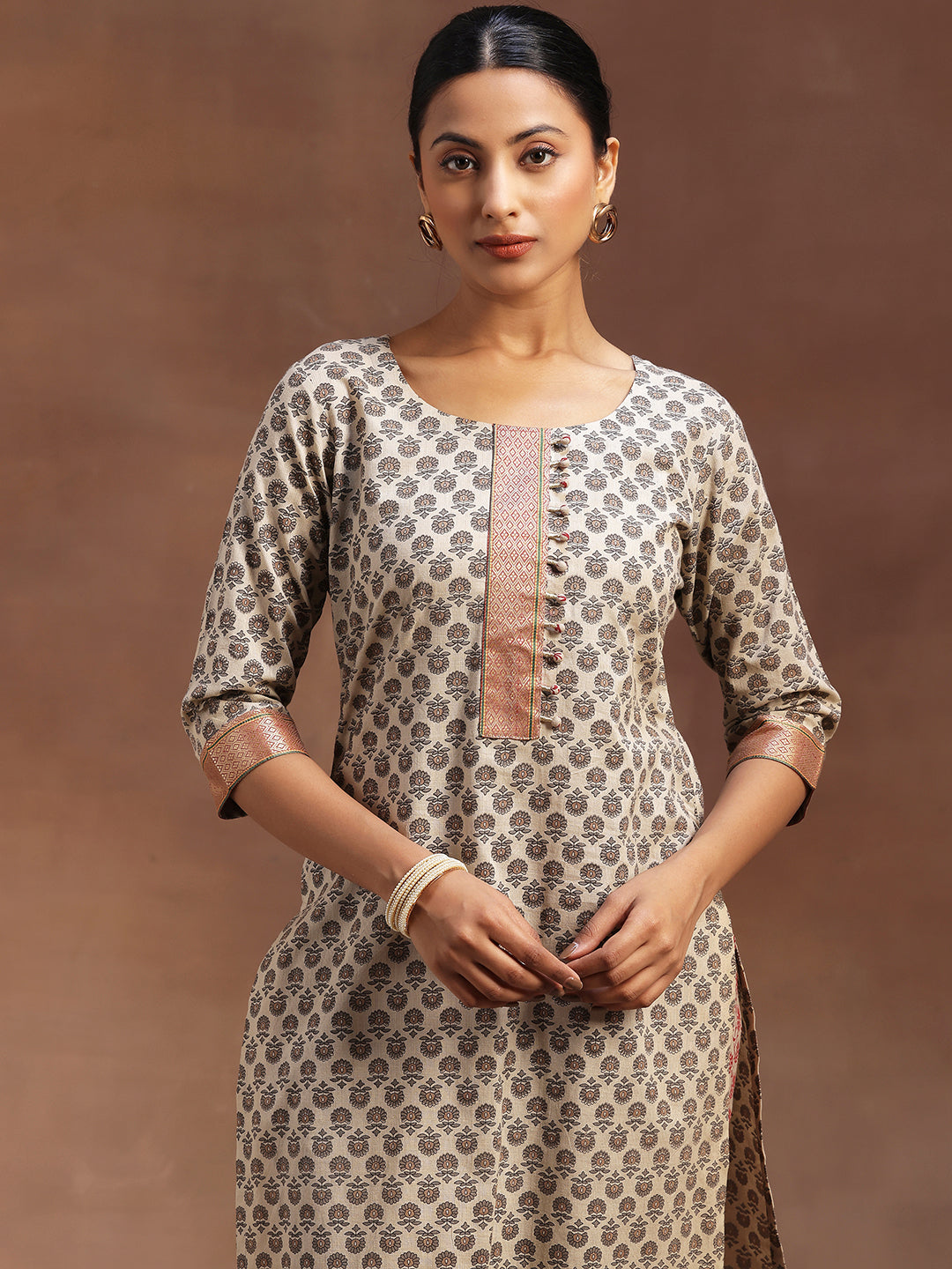 Beige Printed Cotton Straight Suit With Dupatta