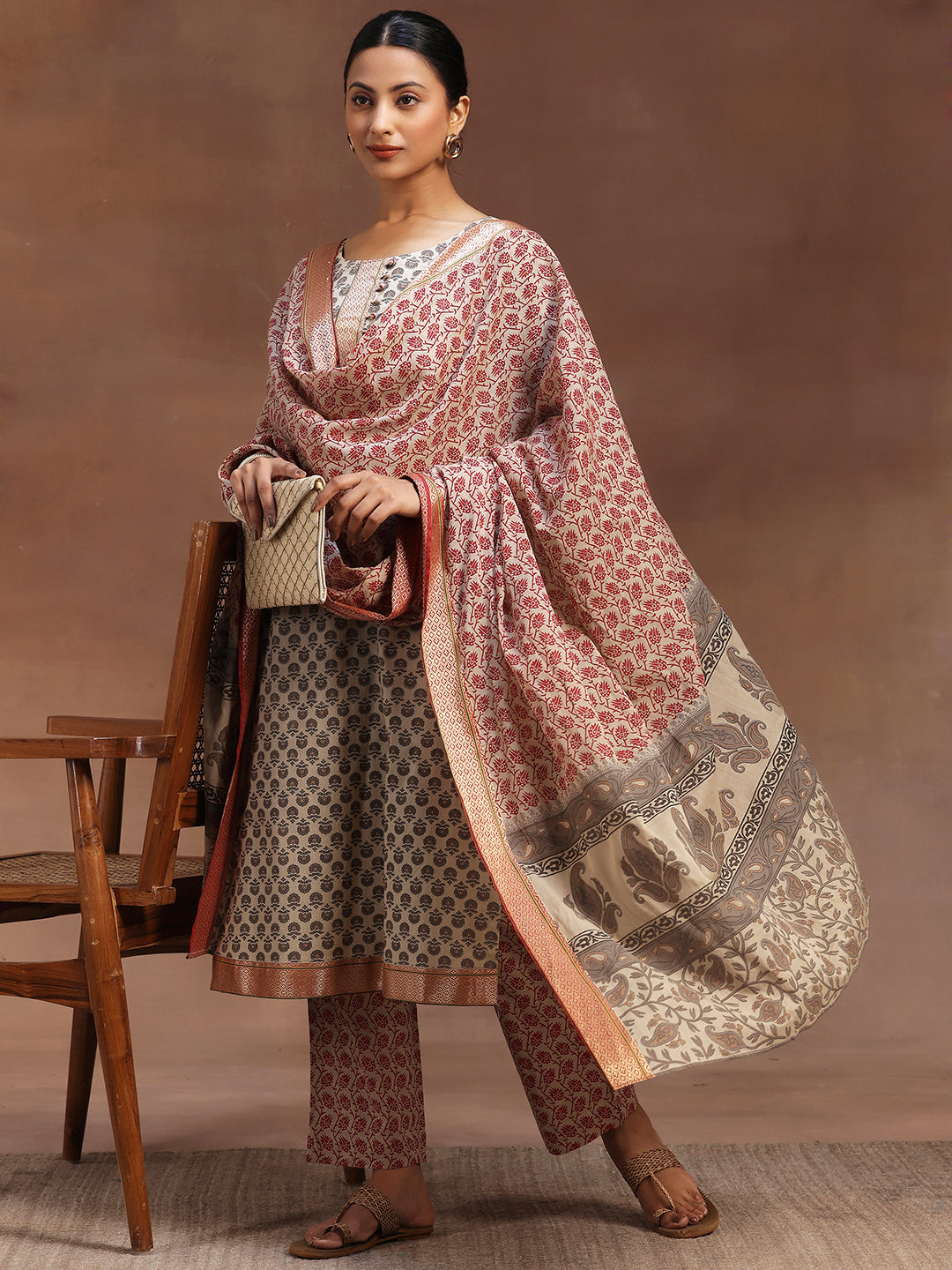 Beige Printed Cotton Straight Suit With Dupatta