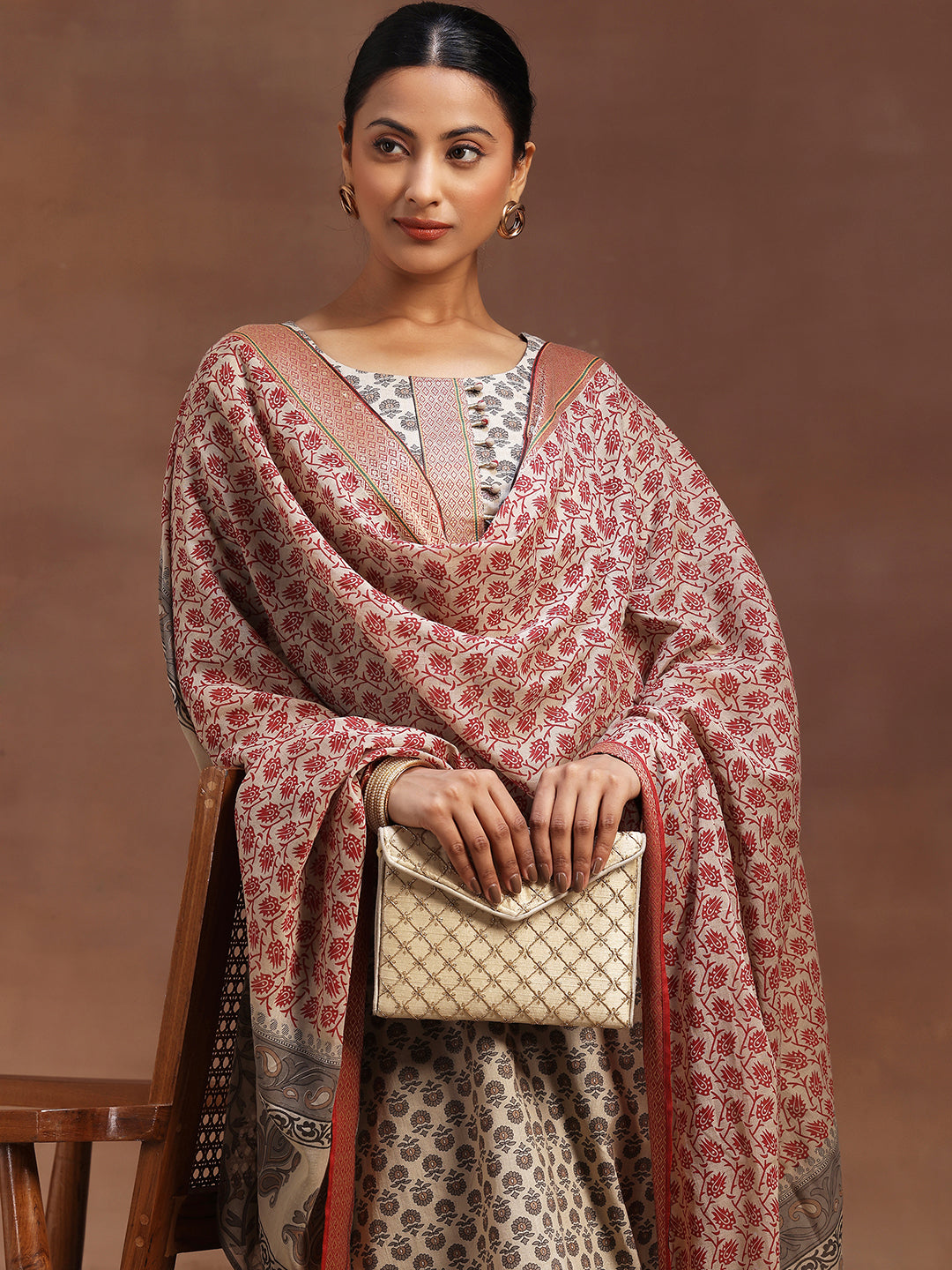 Beige Printed Cotton Straight Suit With Dupatta