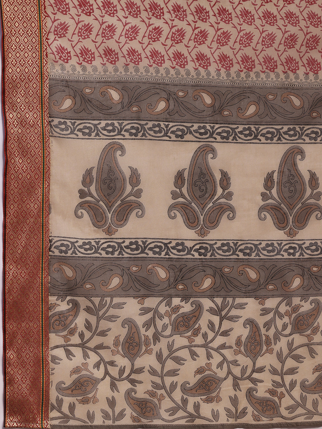 Beige Printed Cotton Straight Suit With Dupatta