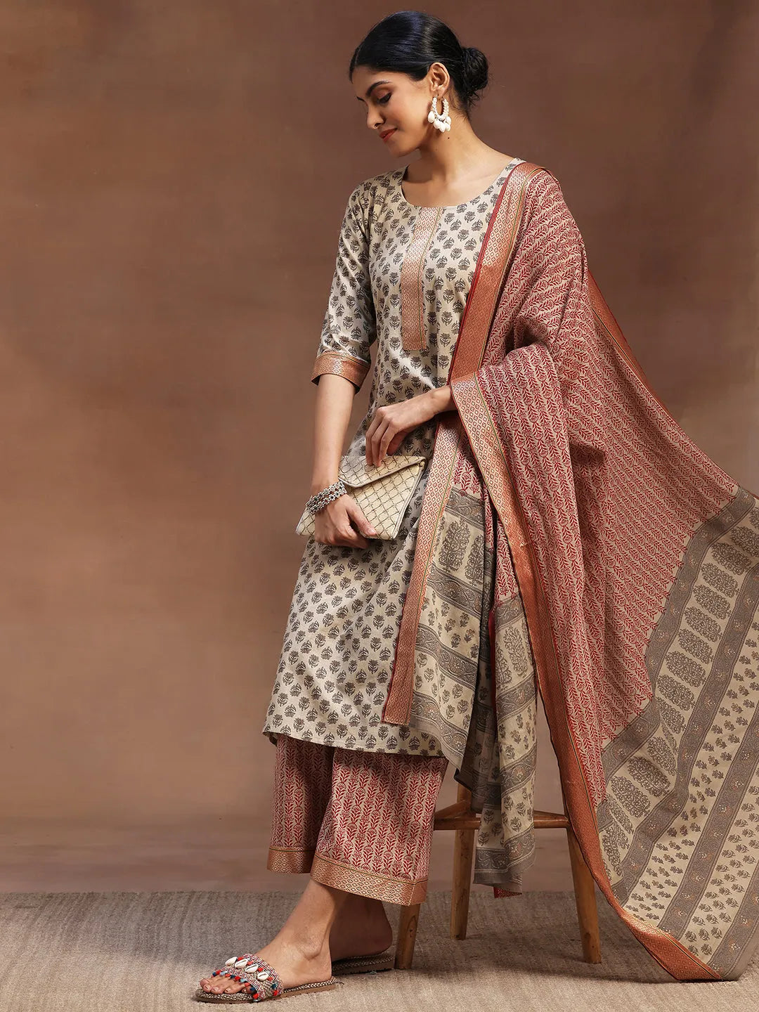 Beige Printed Cotton Straight Suit With Dupatta