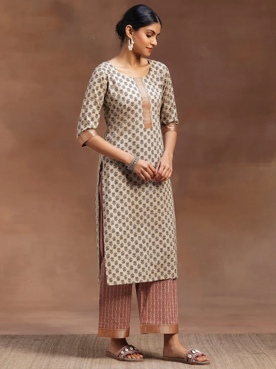 Beige Printed Cotton Straight Suit With Dupatta